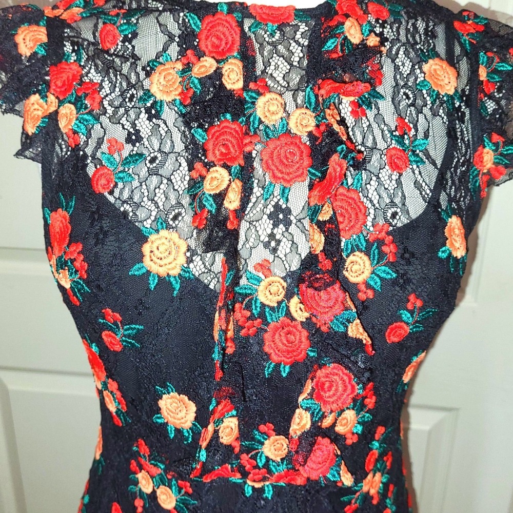 Zara Woman Black Embroidered Lace Red Floral Cottage Fairy Country Boho Dress M - Picture 3 of 11
